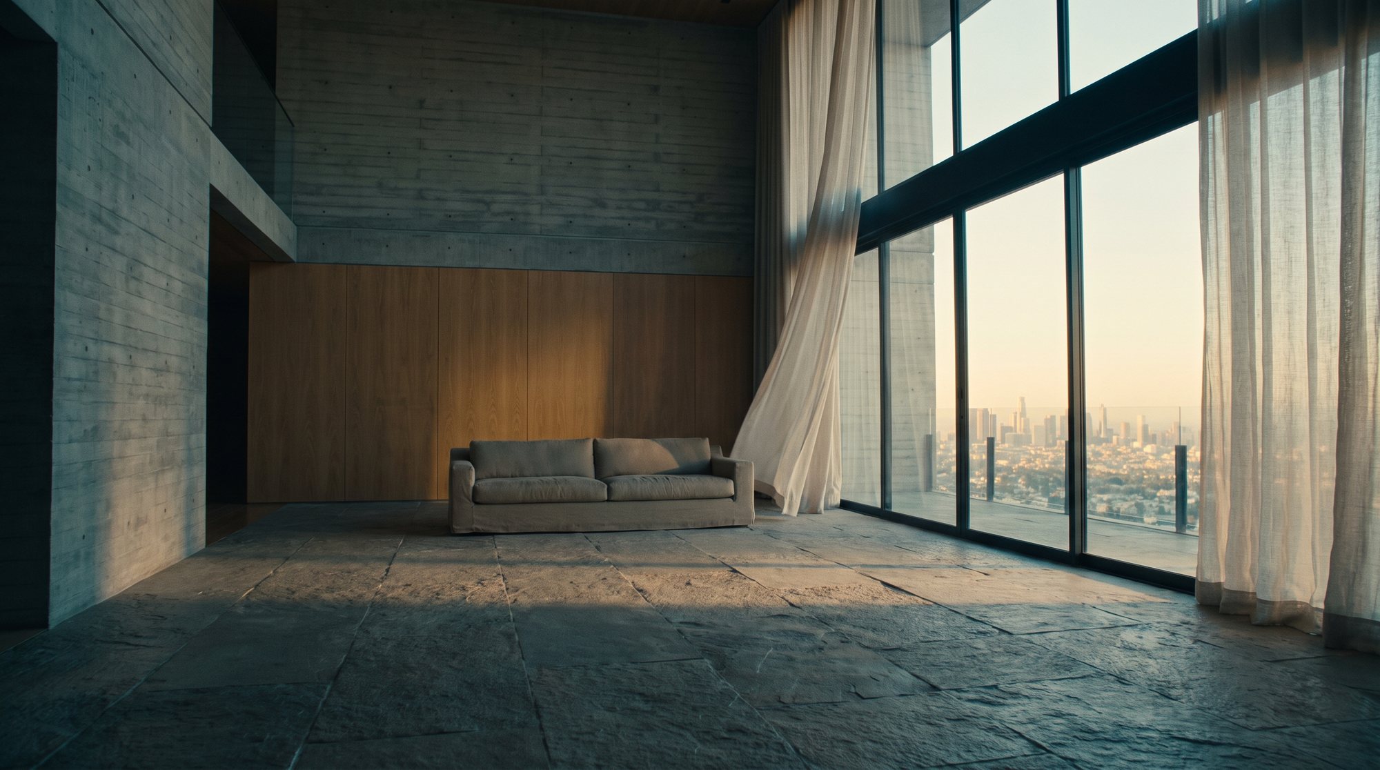 Cinematic architectural film still, interior of an unbuilt luxury modern minimalist villa at golden hour