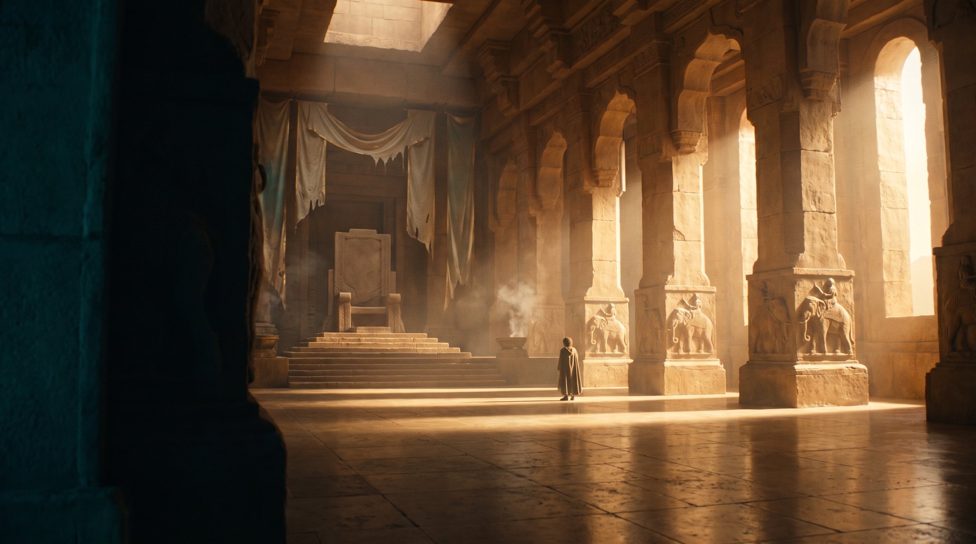 The throne hall of an ancient palace at golden hour, a world made for a film