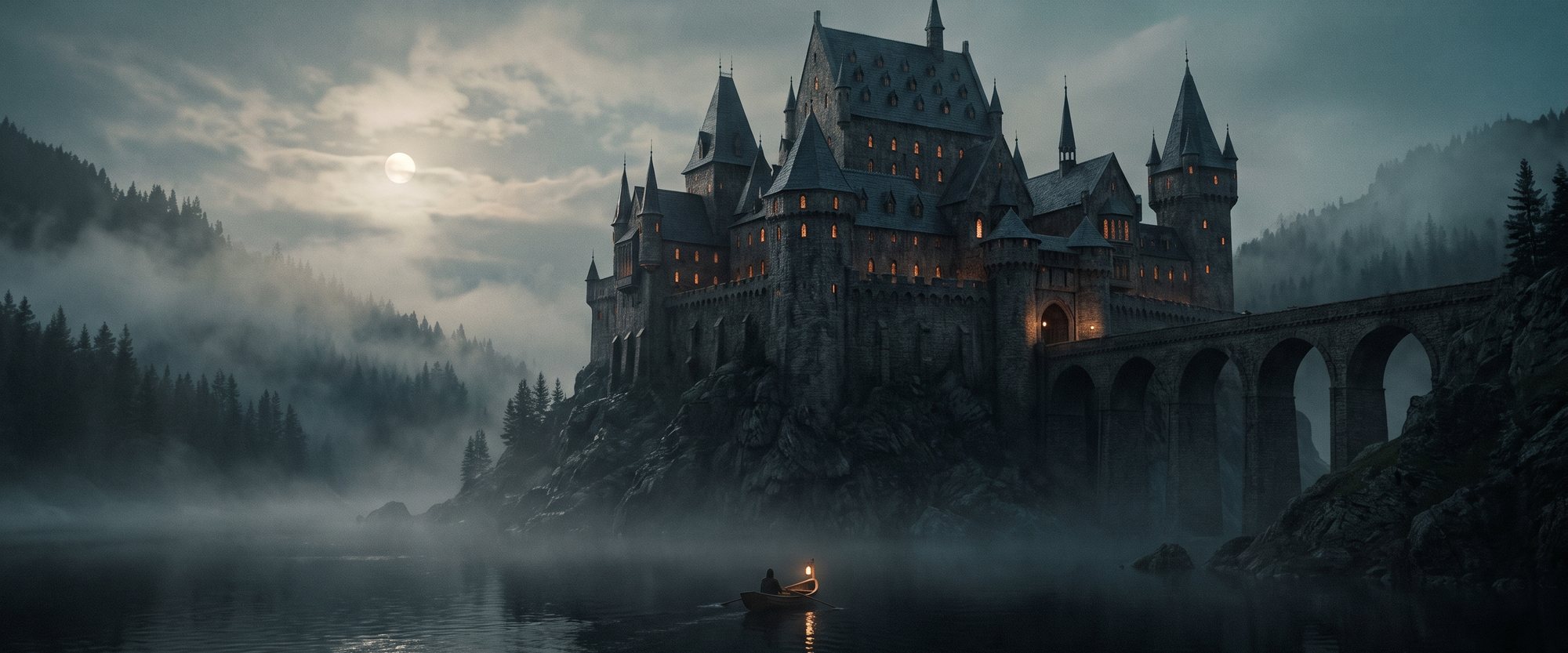 Hollowmere — a gothic castle on a crag above a black lake at night