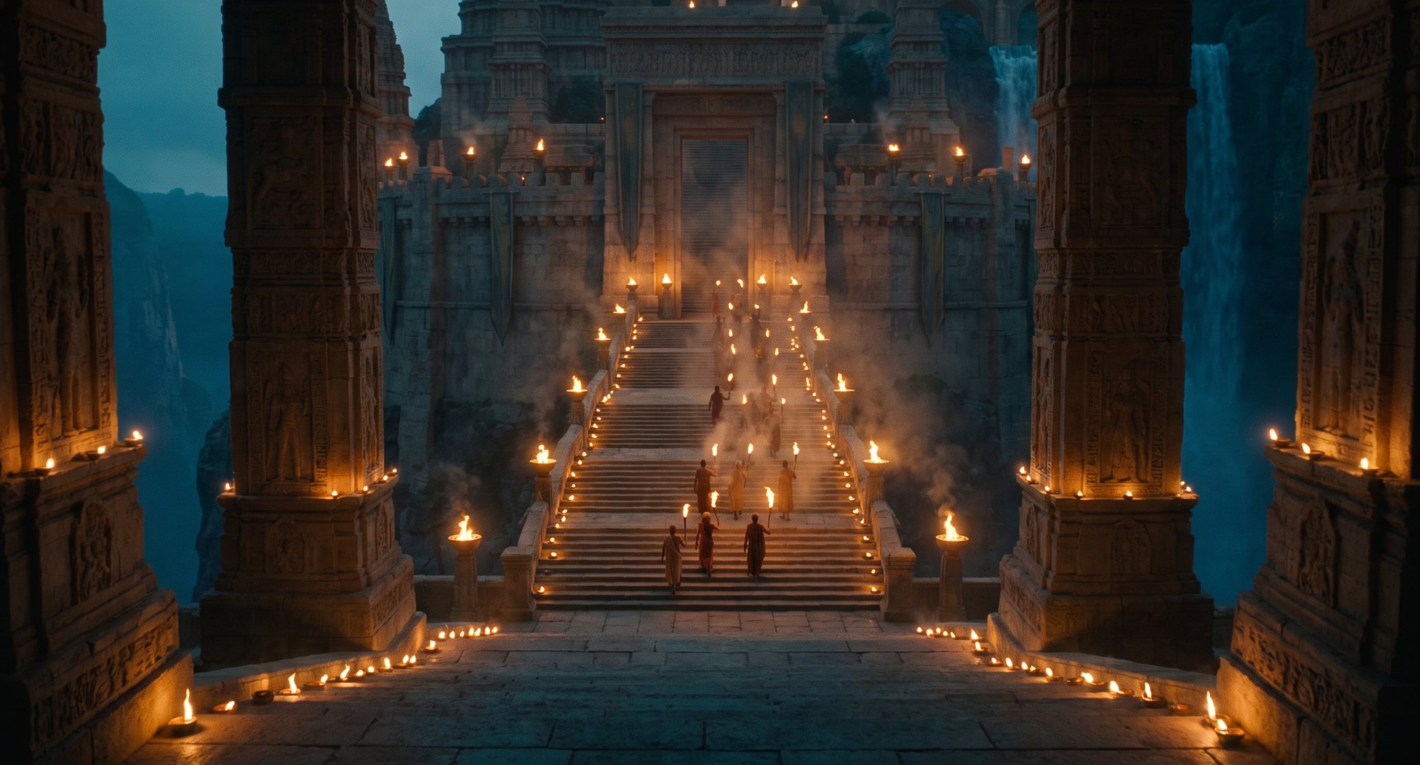 The River Kingdom — a ceremonial stair inside a citadel carved into a river gorge, lit for a coronation