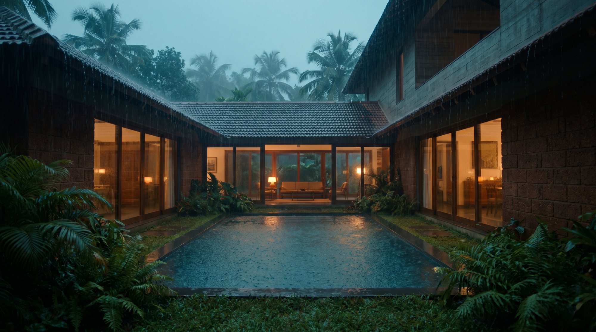 Monsoon House brutalist courtyard villa in rain