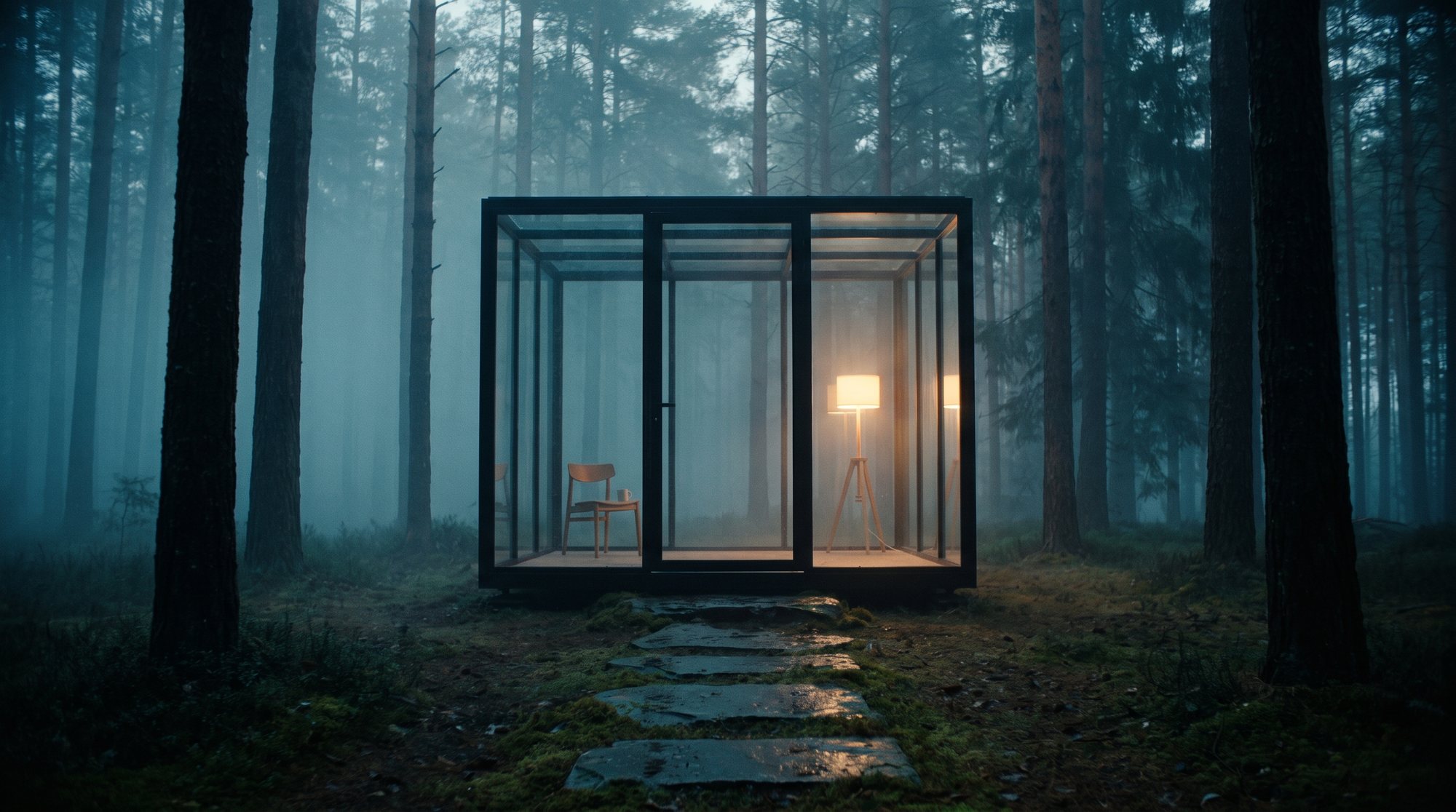 The Glass Pavilion nestled in misty morning pine forest